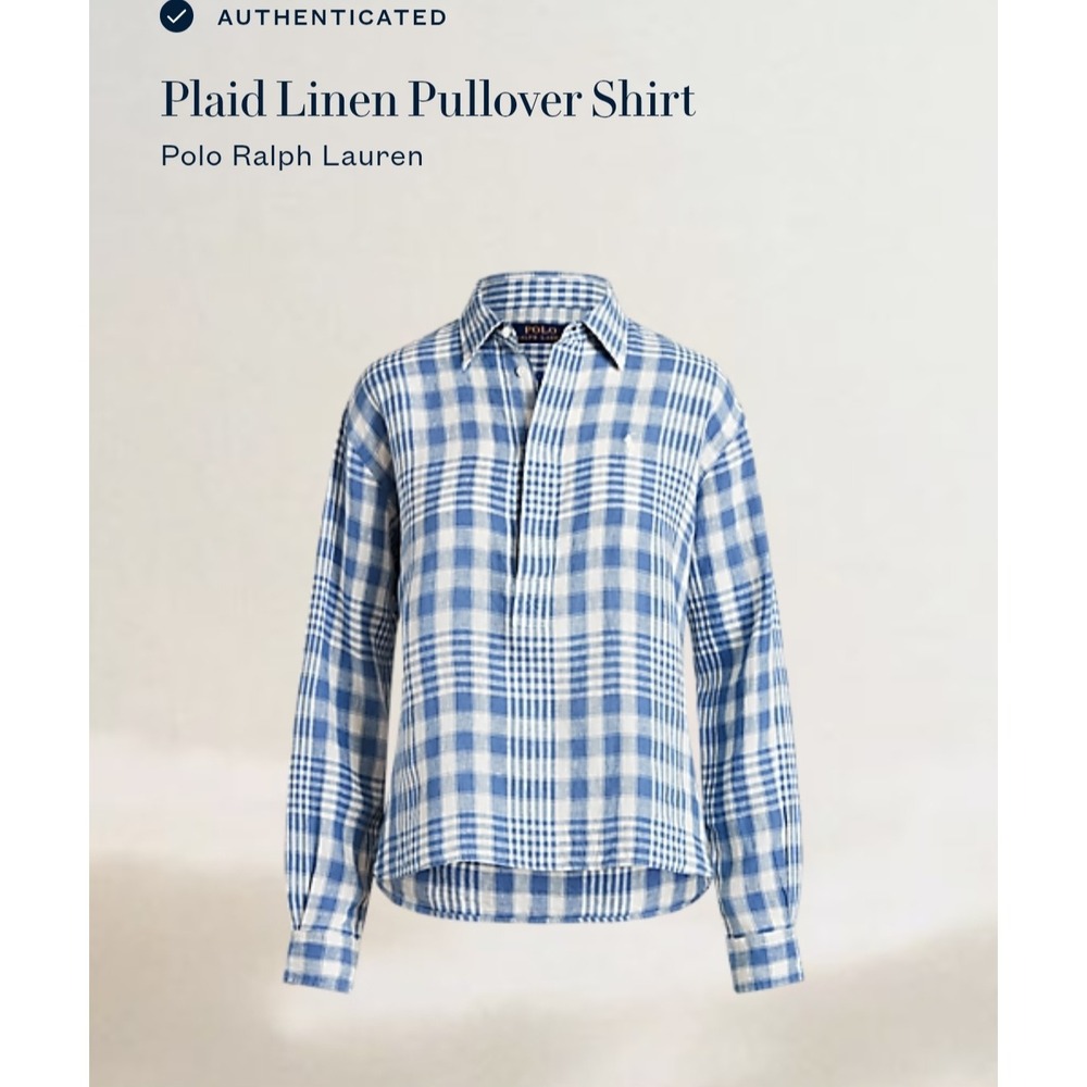 Polo Ralph Lauren Linen Check Pullover Shirt Wom Lg Blue Plaid LS Authenticated - Picture 4 of 11